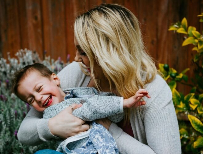 mother and son playing