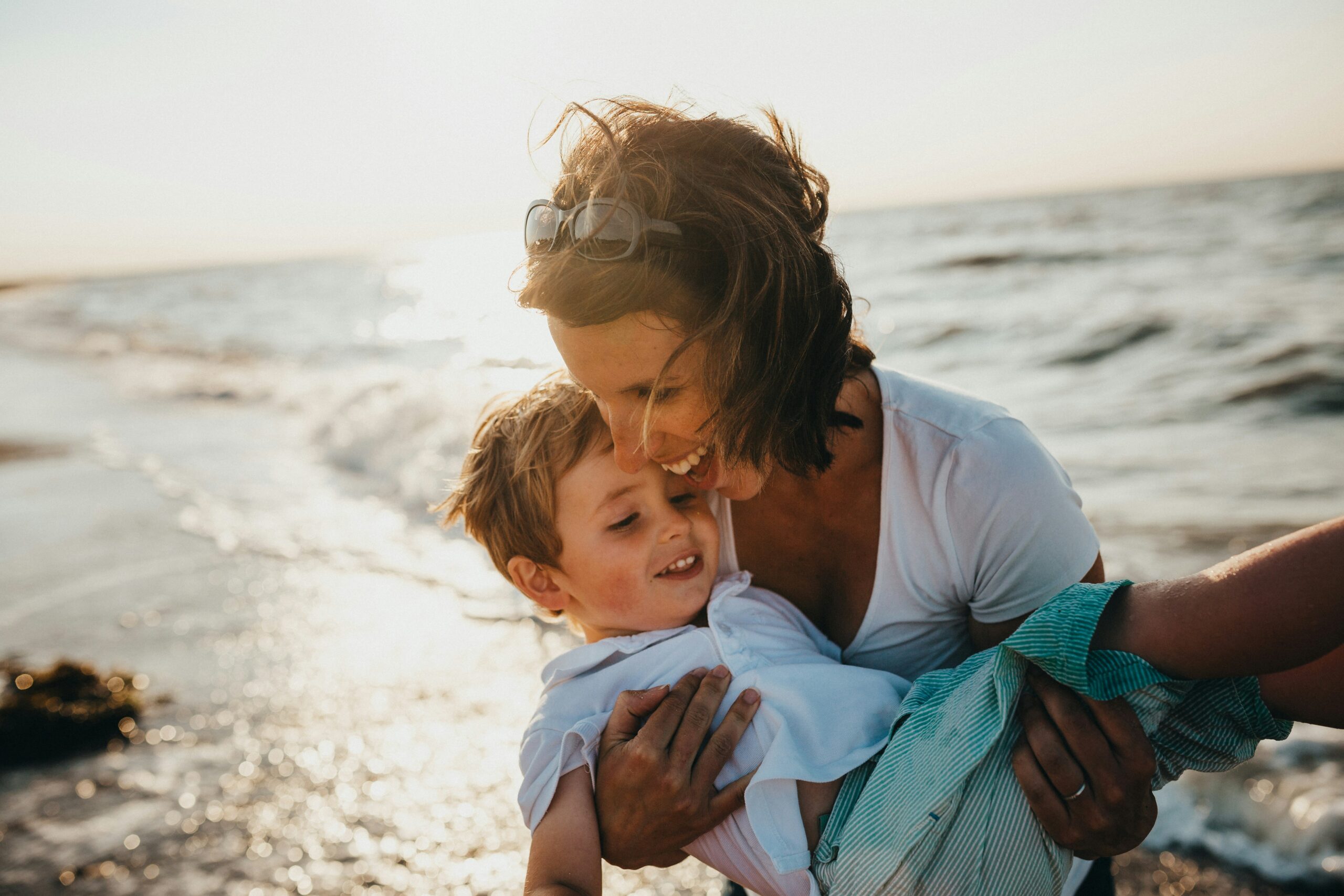 mother and son at the beach